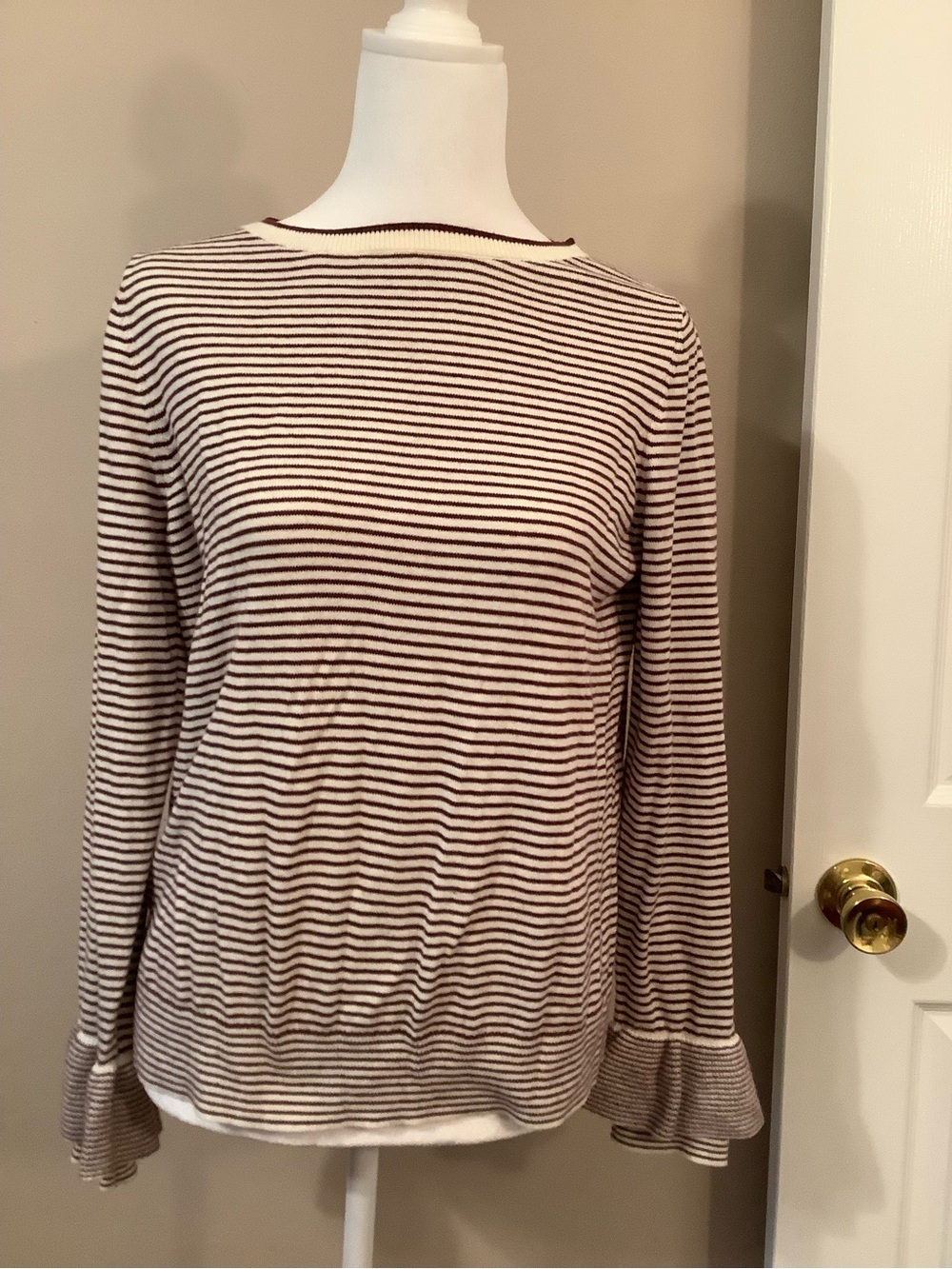 LOFT Cream and Brown Striped Long-Sleeve Top with Ruffle Cuffs